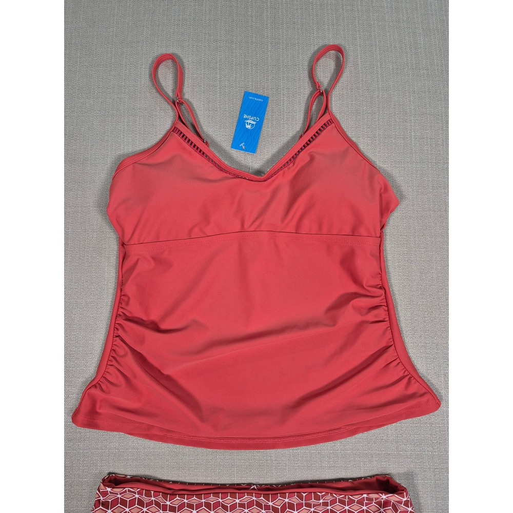Cupshe Red Ruched Tankini Set‎ Mid Rise Geometric Bottoms New With Tags Large - Picture 10 of 11